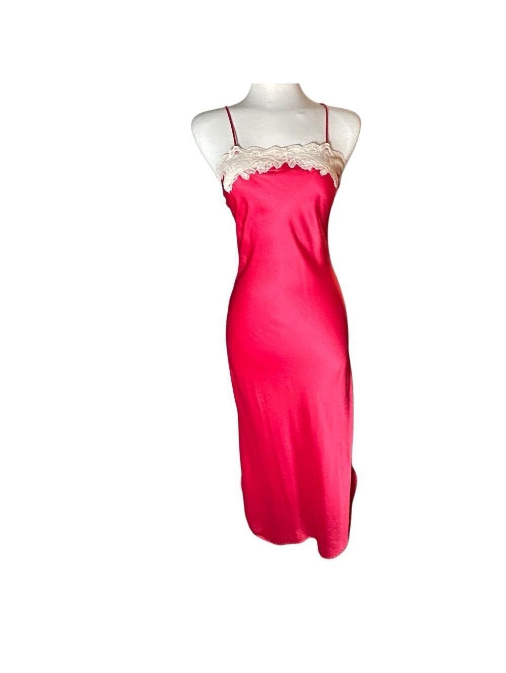 90s Satin Slip Dress Gown Lace Cami Strap Red Cream Long Split HemVintage S